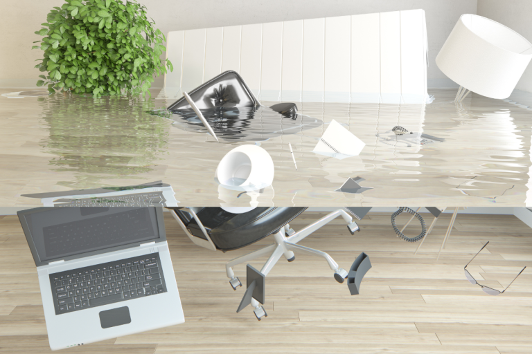 A flooded office where everything is under water