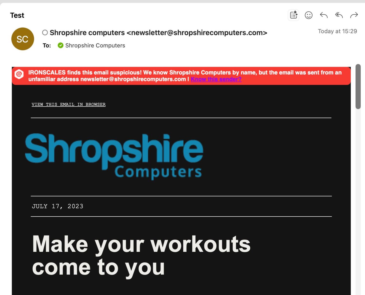 Anonymised example of IRONSCALES detecting a phishing email that bypassed traditional spam filtering for a Shropshire business