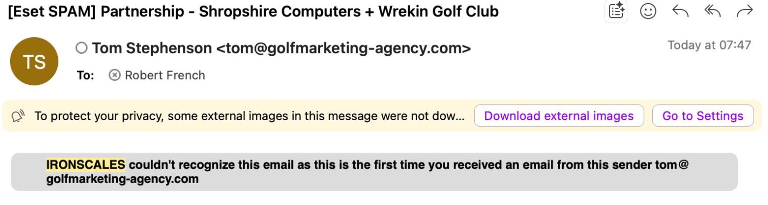 Screenshot of a marketing email coming from Tom Stephenson and flagged by IRONSCALES.