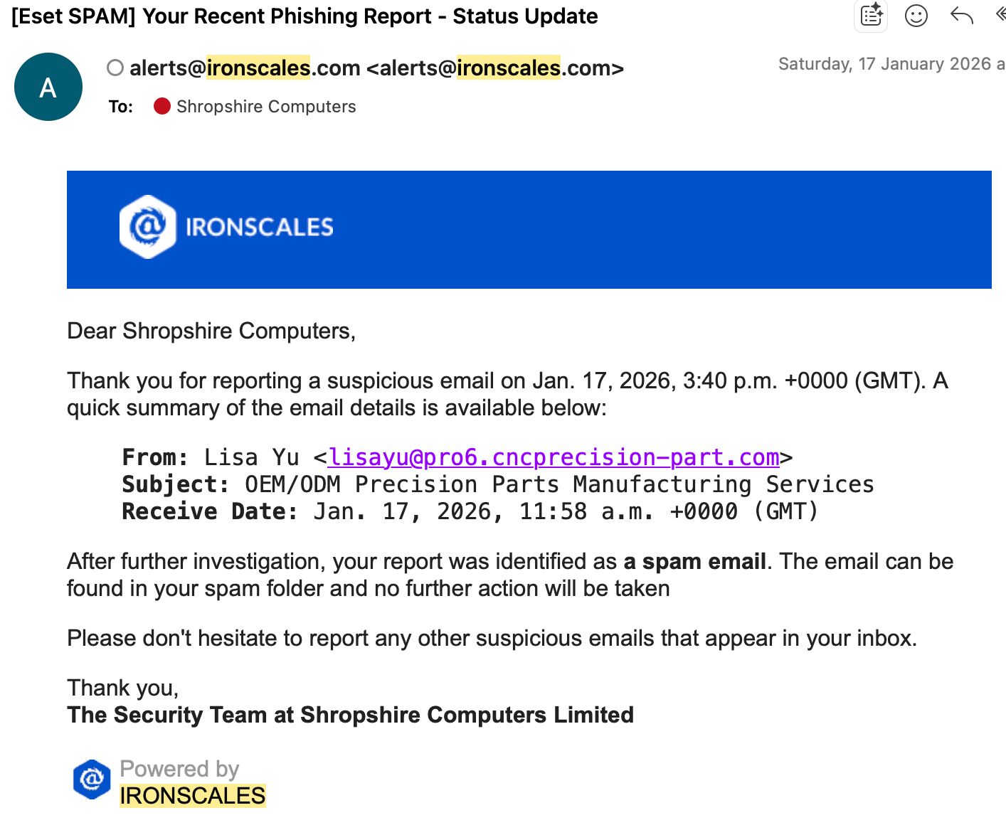 Screenshot of an email report from IRONSCALES after identifying a spam email.