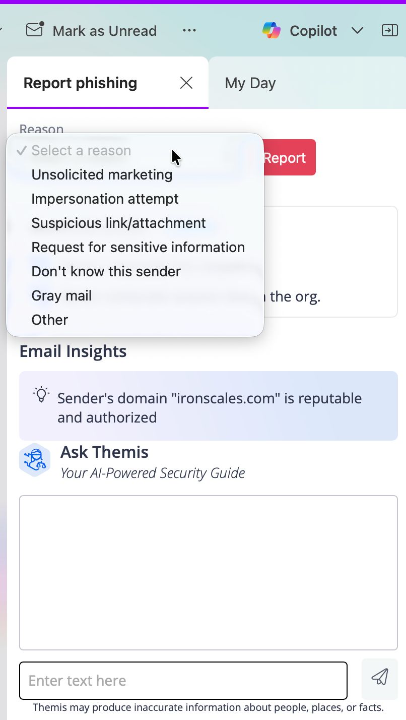 Screenshot of the layout of IRONSCALES when reporting phishing with a drop down menu with the different reasons.