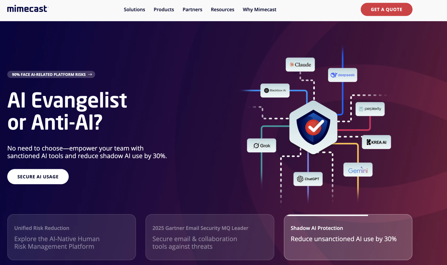 Home screen of mimecast layout web page