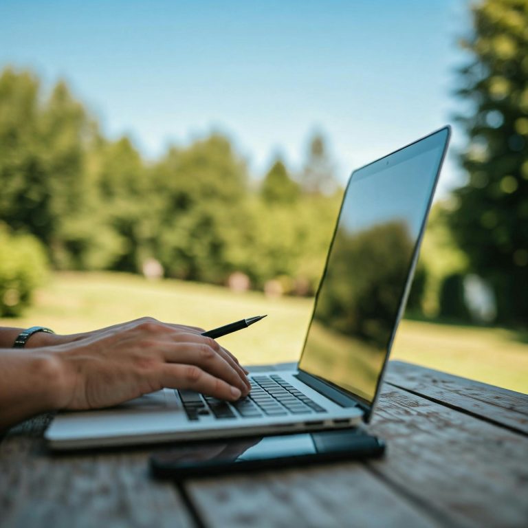 Hands on a laptop with nature on the background and a cell phone next to the laptop