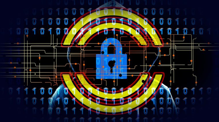 A blue padlock graphic framed by a yellow target symbol over a hooded hacker silhouette and binary code backdrop